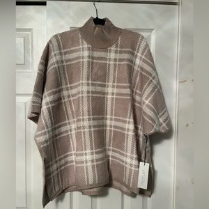 Rachel Zoe Pull Over Poncho Sweater One Size Cream Tan Window Pane Mock Neck